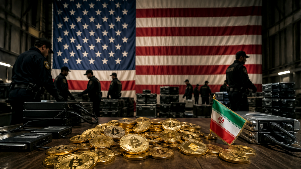 U.S. flag, law enforcement agents, crypto assets, and Iranian flag.