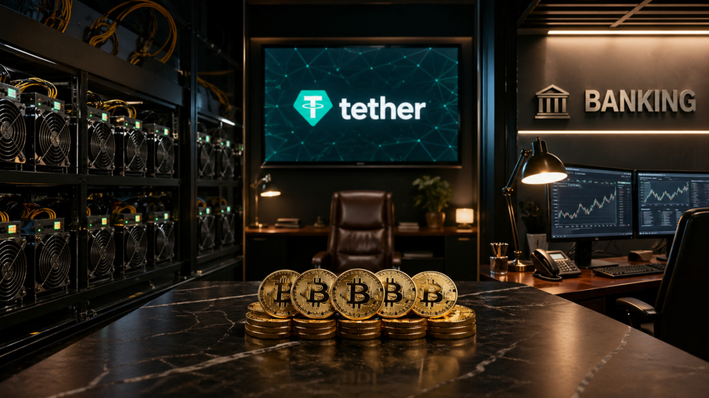 Tether displayed in a monitor, crypto mining rigs, a Banking logo and Bitcoins upon a desk.