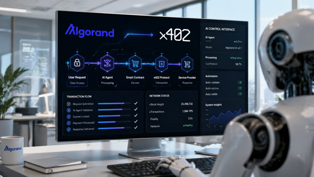 Algorand joins x402 agentic payment standard, powering crypto payments for AI agents AI Agent transacting in dashboard with Algorand and x402 logos.