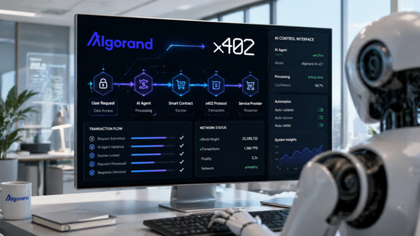 Algorand joins x402 agentic payment standard, powering crypto payments for AI agents AI Agent transacting in dashboard with Algorand and x402 logos.