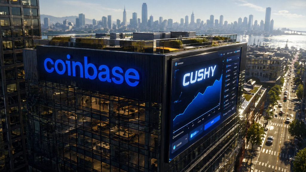 Building with Coinbase logo and CUSHY dashboard. Cuty background. Coinbase introduces CUSHY, a digital credit strategy