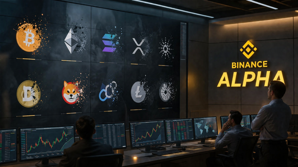 Binance removes 23 non-compliant tokens from Alpha platform Traders in front of a monitor watching crypto tokens. Binance Alpha to remove 23 token at once