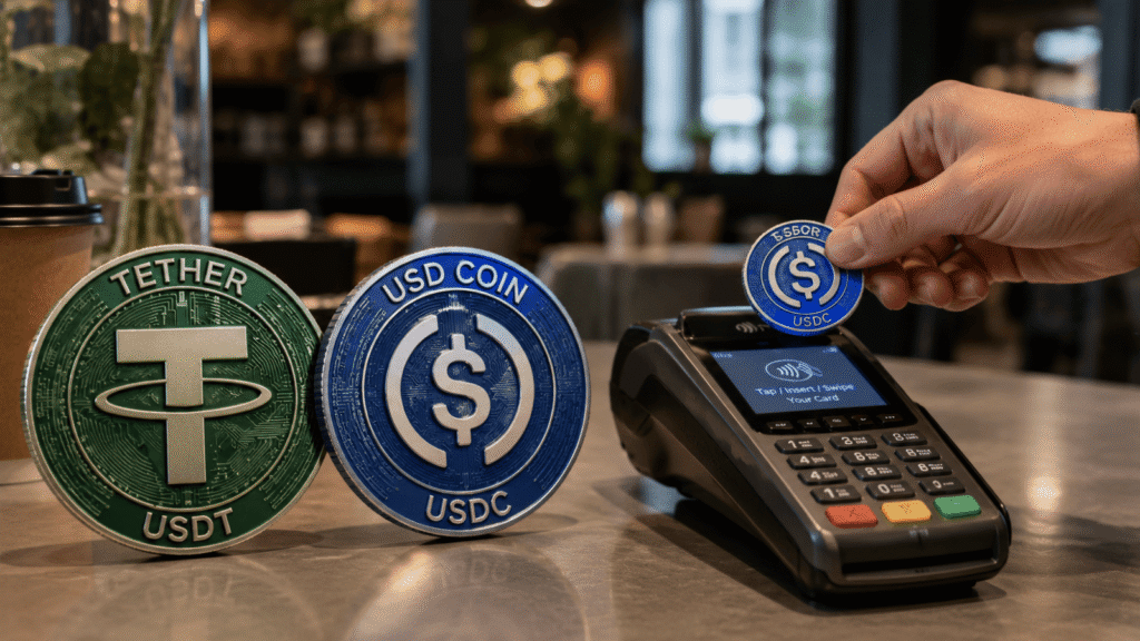 Stablecoin payment flows reached USD 390B in 2025, but remain small versus traditional rails