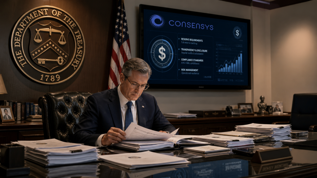 Consensys flags three critical issues in OCC stablecoin framework under GENIUS Act U.S. Treasury member working on a desk, with a Consensys dashboard in the background. Consensys flags three critical issues in OCC stablecoin framework under GENIUS Act