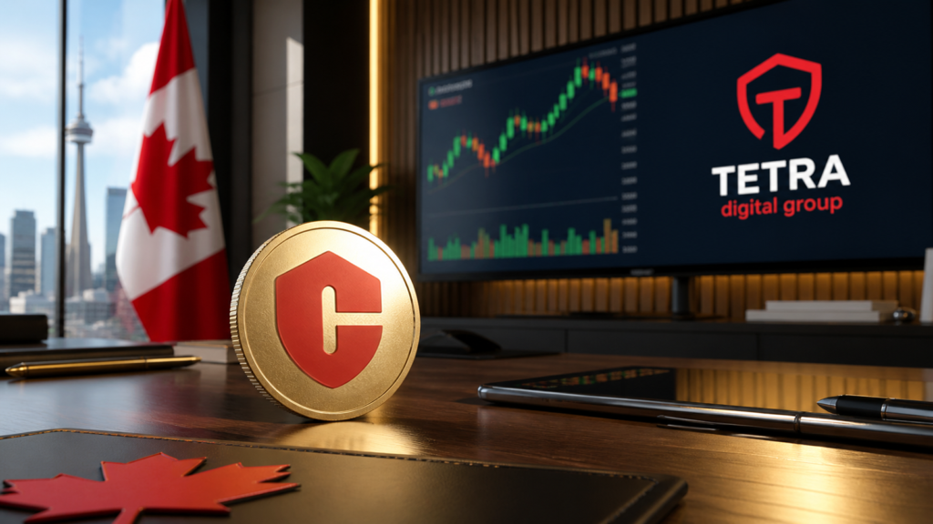 First Canadian stablecoin CADD goes live on Base, Ethereum, and Tempo Canadian Flag, CADD stablecoin token, trading setup, and Tetra Digital logo. Tetra launches Canadian-Dollar stablecoin