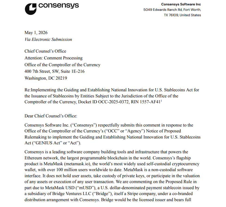 Consensys flags three critical issues in OCC stablecoin framework under GENIUS Act Consensys flags three critical issues in OCC stablecoin framework under GENIUS Act: The software firm warns that proposed rules on yield, DeFi access, and multi-brand stablecoins could stifle innovation and disadvantage OCC-supervised issuers.