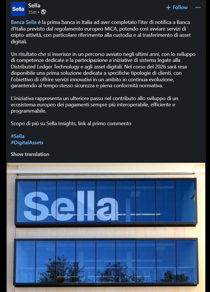 Banca Sella breaks Italy’s crypto ban: First MiCA bank custody Banca Sella breaks Italy’s crypto ban: First MiCA bank custody: A billion Italian banking giant just became the country's first regulated crypto service provider, beating fintechs and challenger banks to the punch.