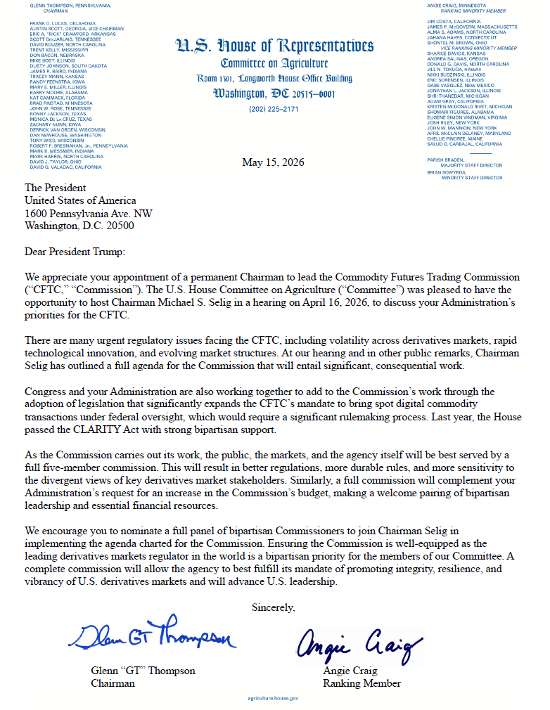 House lawmakers urge Trump to fill CFTC seats as CLARITY Act advances House lawmakers urge Trump to fill CFTC seats as CLARITY Act advances