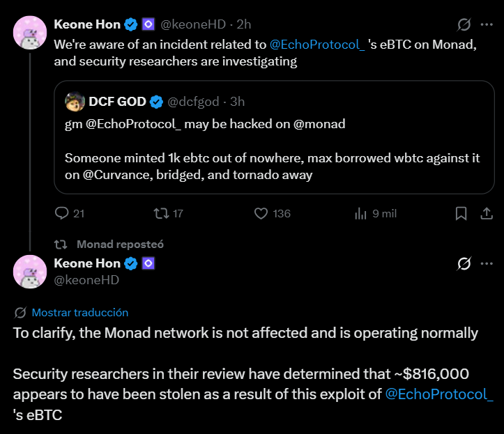 Echo Protocol Exploit on Monad: Third DeFi hack in 4 days dumps MON token Echo Protocol Exploit on Monad: Third DeFi hack in 4 days dumps MON token: The attacker minted 1,000 eBTC (.6 million), used a small portion to borrow WBTC, bridged to Ethereum, and laundered 385 ETH through Tornado Cash.
