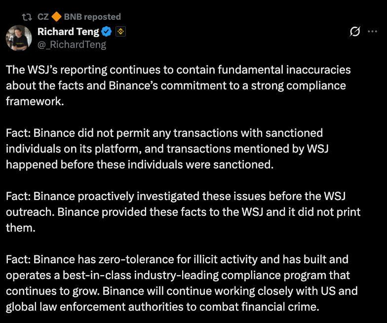 Binance CEO Richard Teng pushes back against WSJ compliance story Binance CEO Richard Teng pushes back against WSJ compliance story