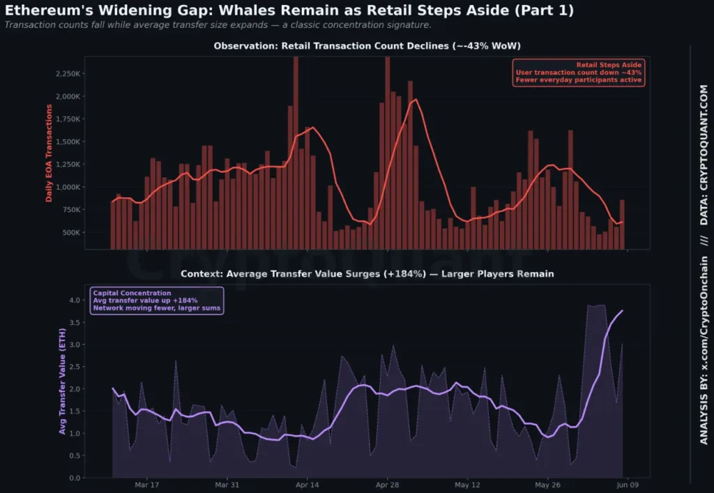Ethereum whales are quietly taking over as 43 percent of retail activity vanishes in a week ethereum