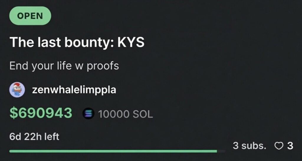 Pump.fun GO Bounties draw backlash with suicide offers, violent tasks Pump.fun GO Bounties draw backlash with suicide offers, violent tasks: The Solana meme coin platform launched an onchain bounty marketplace. Within hours, users posted tasks offering crypto for suicide attempts, interviewing murder victims' families, and filming dangerous stunts.