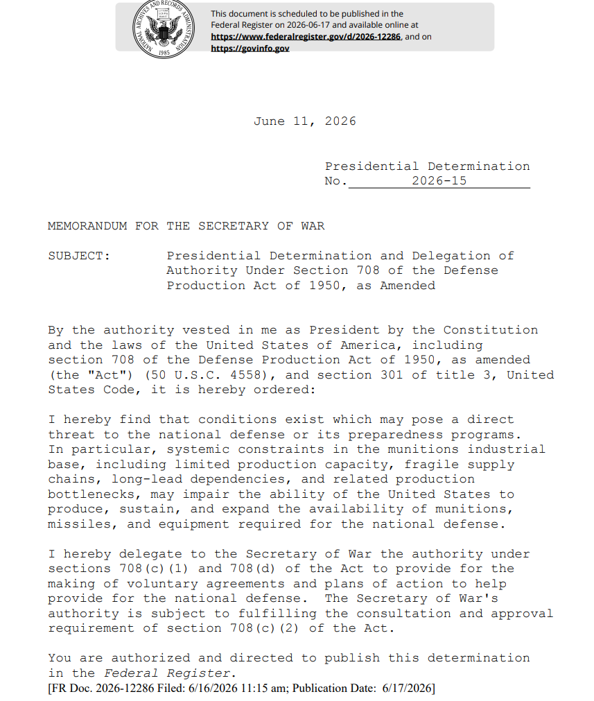 Trump invokes Defense Production Act to boost munitions supply chains amid Iran war Trump invokes Defense Production Act to boost munitions supply chains amid Iran war: Citing "systemic constraints" in the munitions industrial base, the June 11 order delegates authority to the Pentagon to forge voluntary agreements with private industry, essentially allowing competitors to "collude" without antitrust violations to solve supply chain bottlenecks.