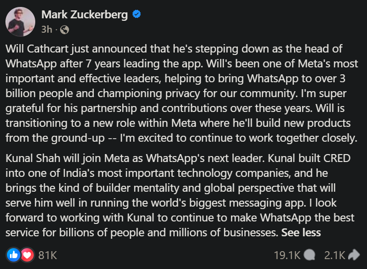 Kunal Shah named WhatsApp global CEO as Meta pours USD 900M in India's Cred Kunal Shah named WhatsApp global CEO as Meta pours USD 900M in India's Cred