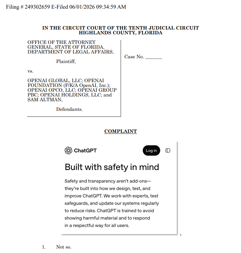 Florida sues OpenAI and Altman: First state AG action over AI harms Florida sues OpenAI and Altman: First state AG action over AI harms: Florida's attorney general accuses ChatGPT of being an unsafe product, seeking to hold Sam Altman personally liable for alleged roles in a mass shooting and user self-harm.