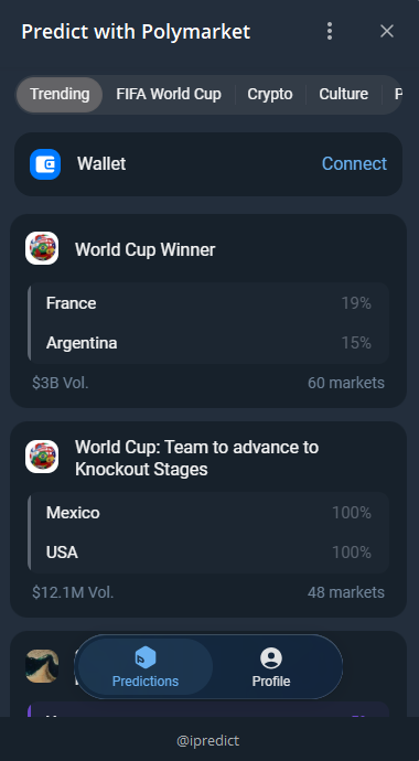 Polymarket now live on Telegram with TON Wallet Integration Polymarket now live on Telegram with TON Wallet Integration: Predict with Polymarket is now live as a Telegram mini-app, giving TON users access to Polymarket's prediction markets. Users connect a TON wallet, fund with USDT on TON, and trade markets without leaving the Telegram interface.