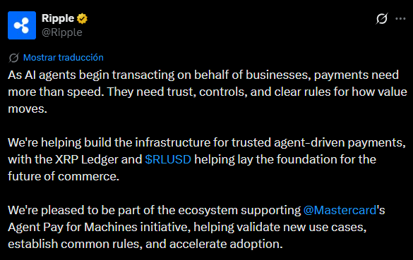 Mastercard tests machine-to-machine payments on Ripple's XRP Ledger Mastercard tests machine-to-machine payments on Ripple's XRP Ledger: Mastercard's "Agent Pay for Machines" pilot enables machine-to-machine payments for automated services, logistics, and data feeds. The pilot uses the XRP Ledger and RLUSD stablecoin for settlement, not the XRP token directly.