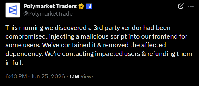 Polymarket users hit by USD 2.9M wallet drain after malicious frontend script Polymarket users hit by USD 2.9M wallet drain after malicious frontend script