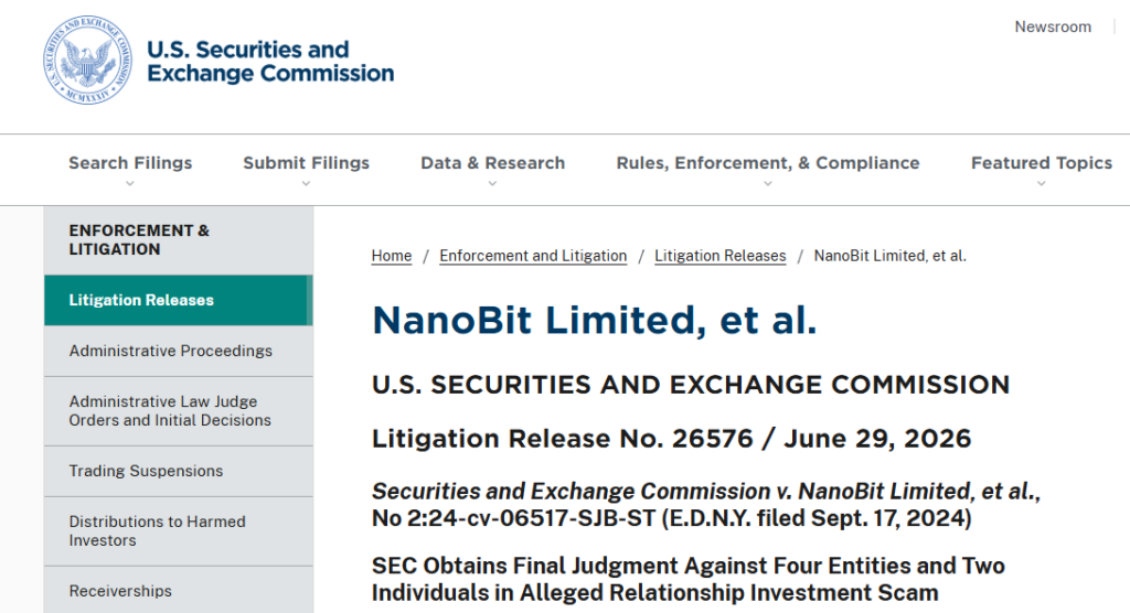 SEC settles NanoBit relationship scam, defendants ordered to pay over USD 5M SEC settles NanoBit relationship scam, defendants ordered to pay over USD 5M