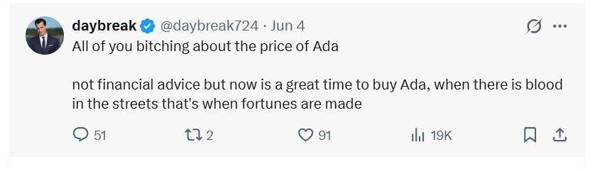 Social media goes berserk after ADA cofounder takes a break; price drops below 20 cents Social media goes berserk after ADA cofounder takes a break; price drops below 20 cents