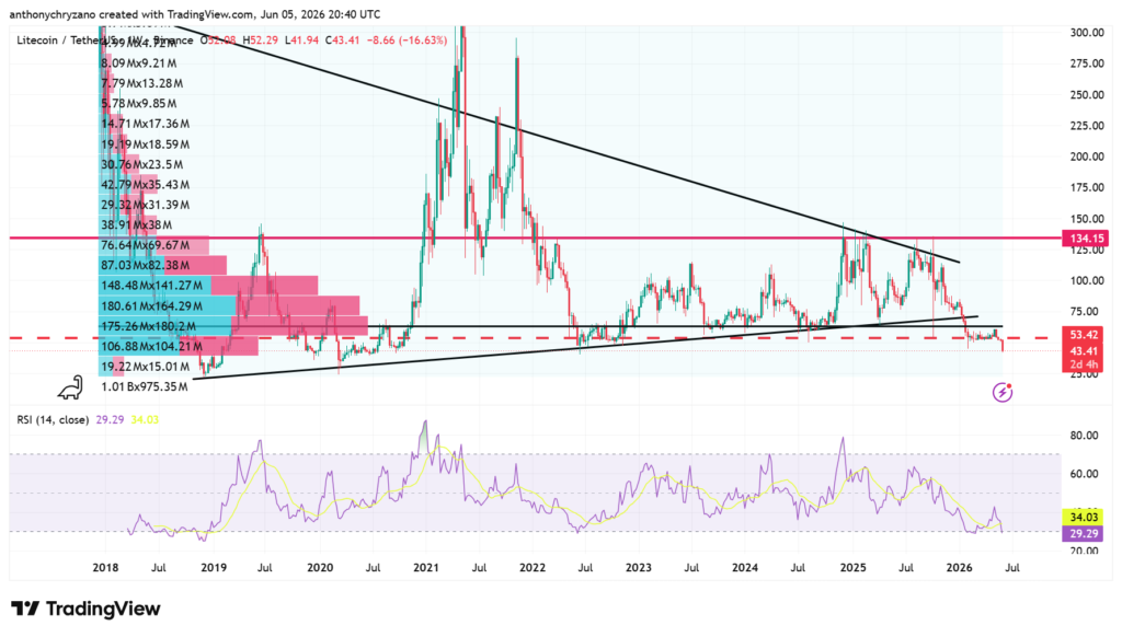 Litecoin crashes below 4-year low and barely survives above the 6-year low Litecoin crashes below 4-year low and barely survives above the 6-year low