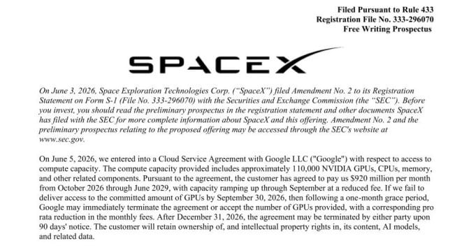Google to pay SpaceX 0M monthly for xAI GPU compute in mega deal Google to pay SpaceX 0M monthly for xAI GPU compute in mega deal: Ahead of SpaceX's record IPO, Google signs a 33-month deal for 110,000 Nvidia GPUs, paying 0 million per month from October 2026 through June 2029.