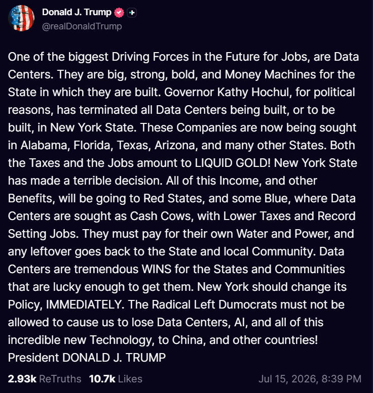 Trump condemns New York data center freeze, warns investment will flee Trump condemns New York data center freeze, warns investment will flee