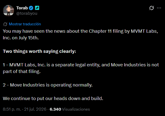 Movement Labs bankruptcy follows token market-making scandal, failed pivot Movement Labs, the developer of the Movement blockchain, has filed for Chapter 11 bankruptcy, listing assets between USD 100,000 and USD 500,000 and liabilities exceeding USD 1 million. The filing follows a market-making scandal where 66 million MOVE tokens were sold shortly after launch, triggering a steep price drop and leading to a Binance ban and internal investigations.