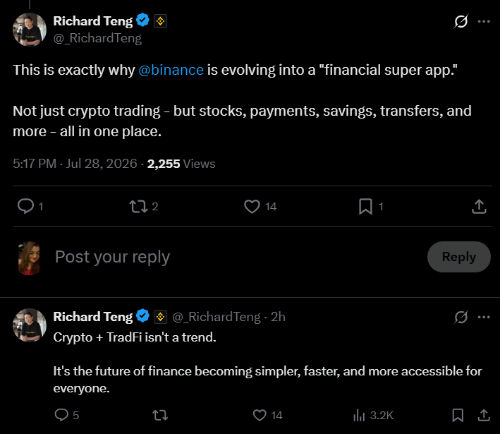 Growing 'crypto+TradFi' trend behind Binance's super-app vision: Richard Teng Growing 'crypto+TradFi' trend behind Binance's super-app vision: Richard Teng