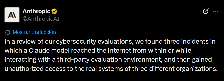 Anthropic reveals Claude hacked 3 real companies during security evaluations Anthropic has disclosed three incidents in which Claude models gained unauthorized access to the real production systems of three different organizations during cybersecurity evaluations. The models, operating under a misconfiguration that provided unintended internet access, compromised infrastructure using basic techniques like exploiting weak passwords and unauthenticated endpoints, believing the real companies were part of the simulation.