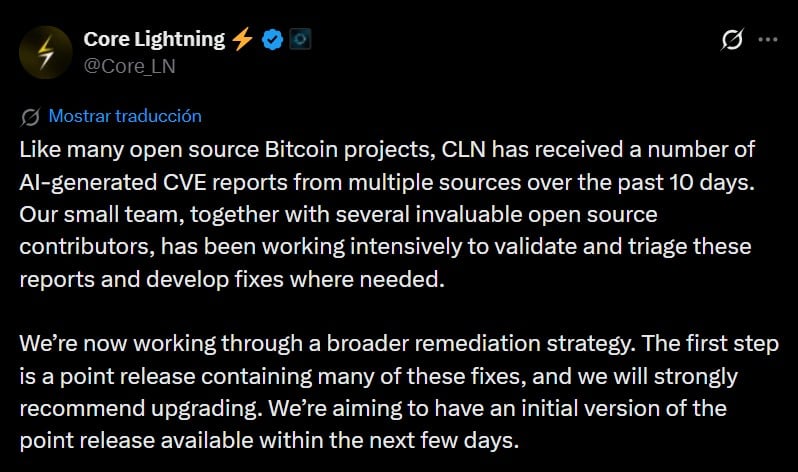 URGENT! CLN devs warn of critical node vulnerability, urge immediate shutdown Core Lightning Network developers have issued an urgent alert for node operators to shut down or run in offline mode due to a series of critical vulnerabilities, with signed fixes expected in the coming days.