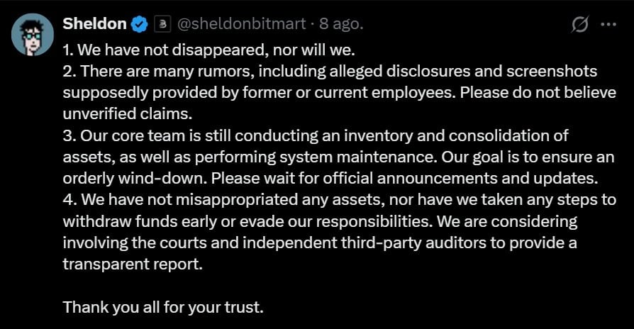 BitMart reverses shutdown, hires White & Case for business resumption Weeks after announcing a full wind-down, BitMart is now exploring a potential restructuring and phased business resumption, having hired White & Case as legal counsel.