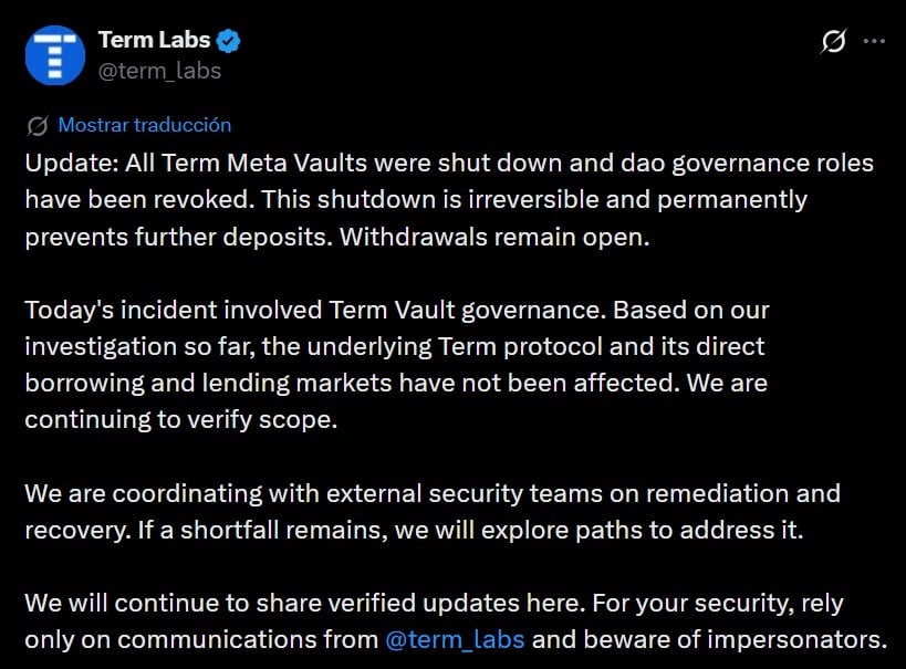 The USD 951 heist: How a tiny token buy cost Term Labs USD 8.5M An attacker spent just USD 951 to acquire 90 percent governance control of Term Labs' vaults, draining approximately USD 8.5 million. Term Labs permanently shut down Meta Vault deposits and revoked DAO governance roles.