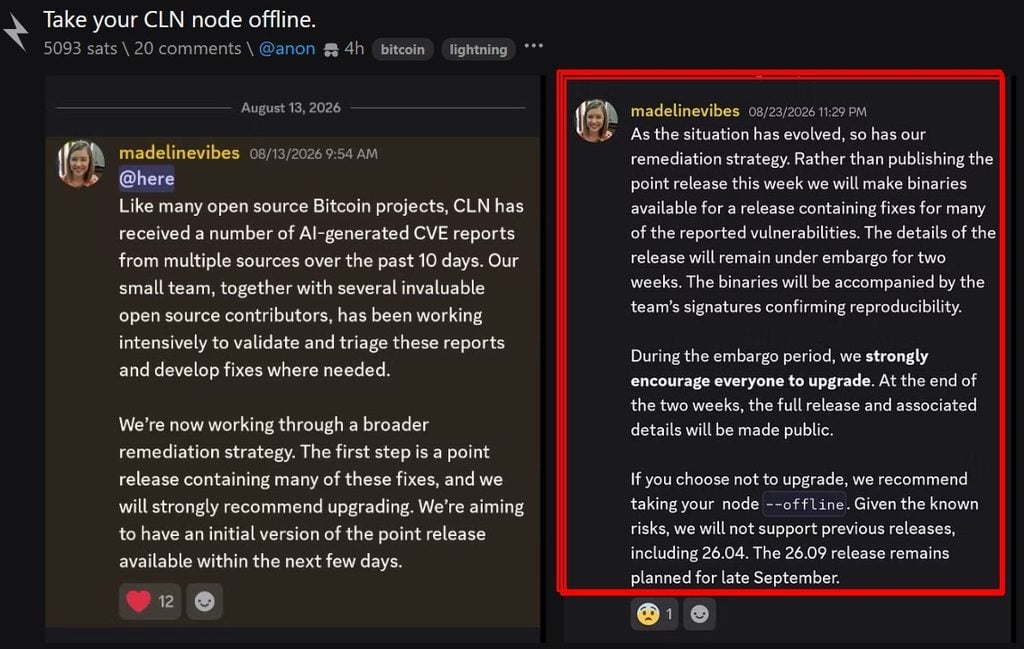 URGENT! CLN devs warn of critical node vulnerability, urge immediate shutdown Core Lightning Network developers have issued an urgent alert for node operators to shut down or run in offline mode due to a series of critical vulnerabilities, with signed fixes expected in the coming days.