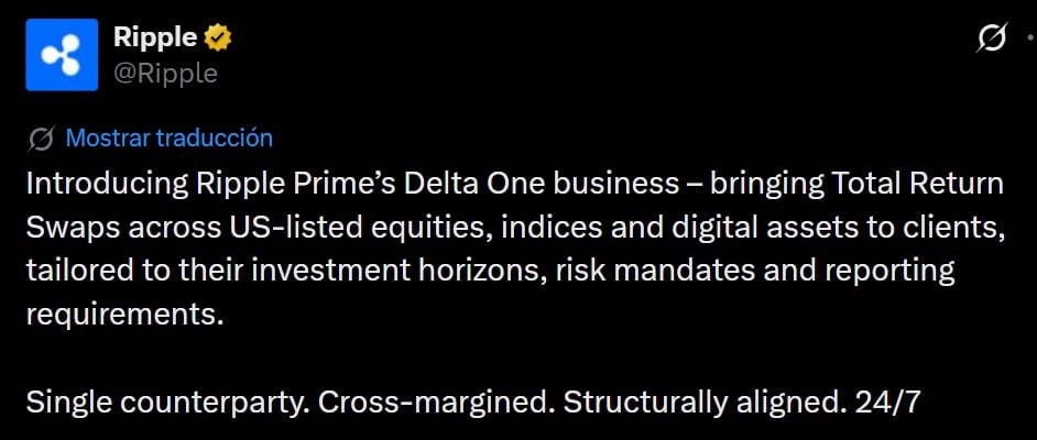 Ripple Prime expands into equity derivatives with new Delta One desk Ripple Prime has launched a Delta One business offering total return swaps on US-listed equities, indices, and digital assets, marking the company's formal entry into the US equity derivatives market