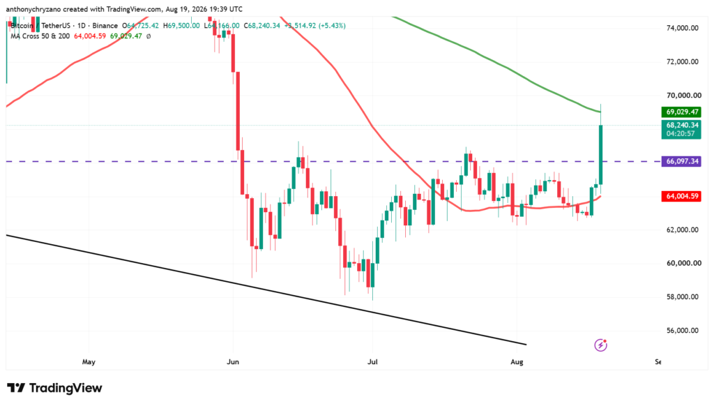 Bitcoin reclaims USD 66K after two months as rally to USD 69K wipes out USD 500M in shorts 