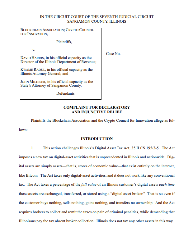 Blockchain Association, Crypto Council for Innovation take Illinois crypto tax to court Blockchain Association, Crypto Council for Innovation take Illinois crypto tax to court