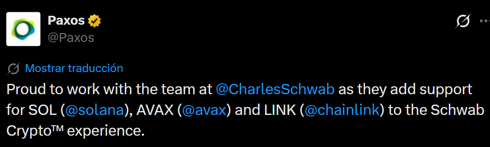 Charles Schwab Crypto expands offerings to include SOL, AVAX, and LINK Schwab Crypto, which launched in May with Bitcoin and Ethereum, will add trading for Solana, Avalanche, and Chainlink in the coming months, bringing the platform's supported assets to five.