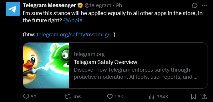 Apple briefly removes Telegram from App Store, Telegram questions equal treatment Apple briefly removes Telegram from App Store, Telegram questions equal treatment