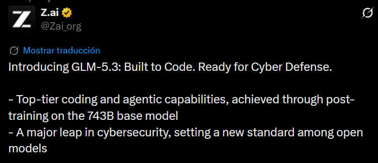 Z.ai launches GLM-5.3: Open-source model excels in cybersecurity and coding Chinese AI lab Z.ai has released GLM-5.3, an open-weight model that matches Anthropic's restricted Mythos 5 in vulnerability detection and doubles its predecessor's exploit capabilities. The model delivers a 50 percent improvement over GLM-5.2 on Z.ai's internal coding benchmark and achieves open-source SOTA on Terminal Bench 3.0. Weights will be publicly available in two weeks after safety evaluations, with a "trusted access" program for sensitive functions.