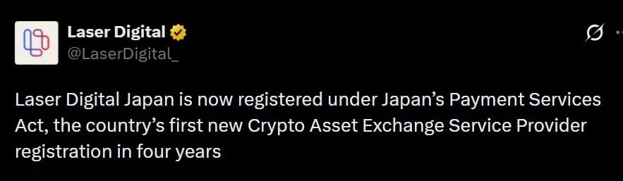 Nomura's Laser Digital breaks Japan's 4-year crypto license drought Laser Digital Japan has become the first new entity in four years to secure a crypto asset exchange registration in Japan, marking a significant milestone for institutional crypto adoption in the country.